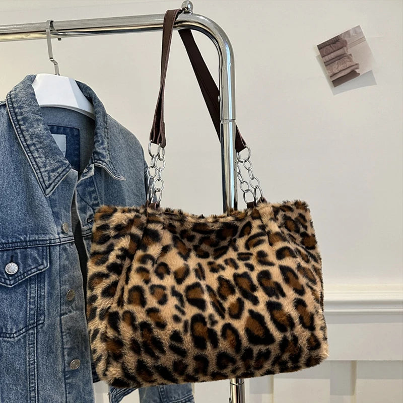 Leopard Print Fluffy Shoulder Bag – Large Capacity Chain Tote