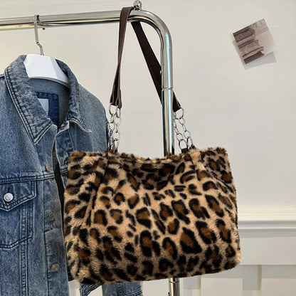 Leopard Print Fluffy Shoulder Bag – Large Capacity Chain Tote