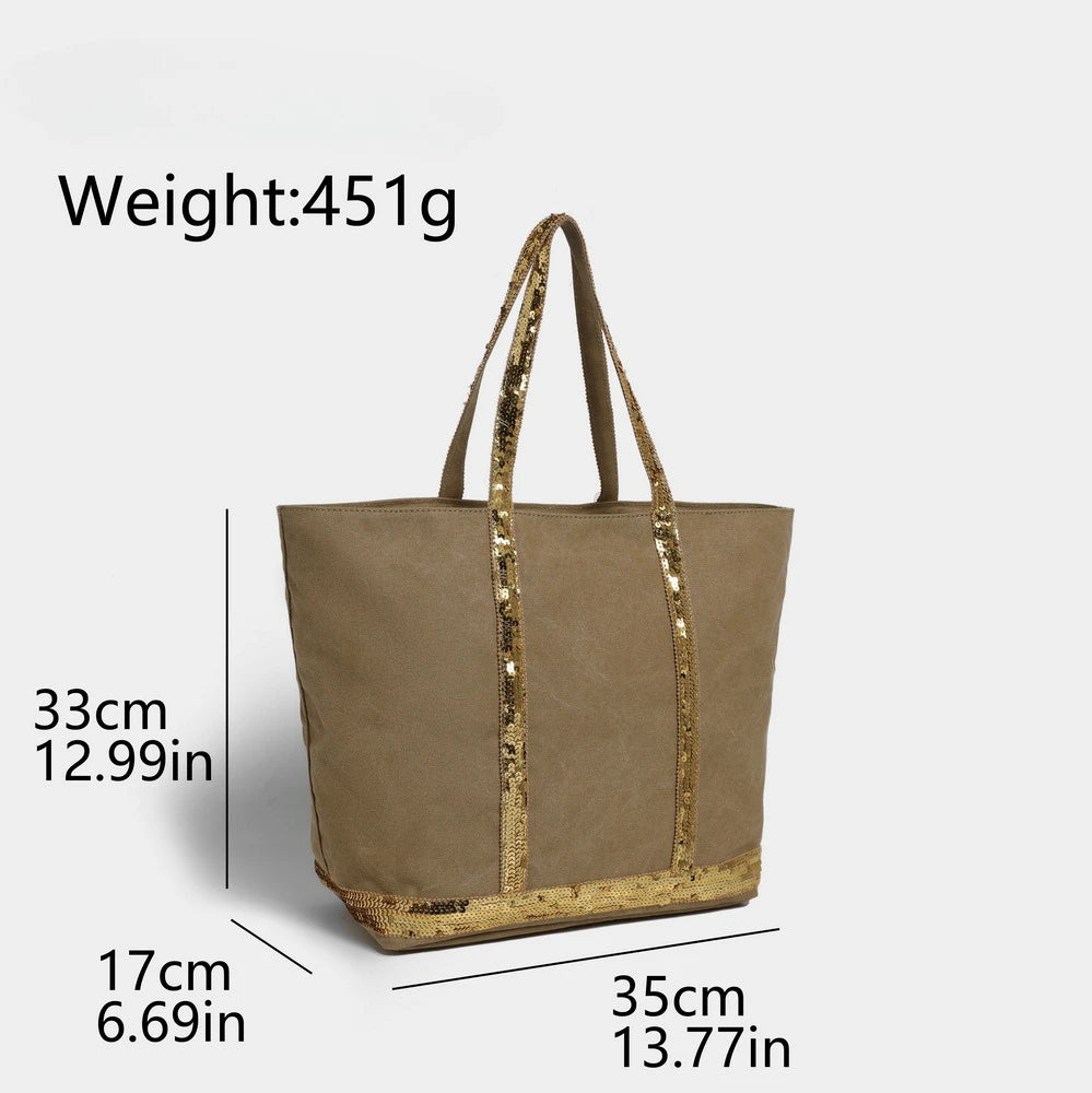 French Sequined Tote Bag Women Luxury Large Bucket Vintage Casual Woven Commuter Canvas Shopper