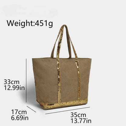 French Sequined Tote Bag Women Luxury Large Bucket Vintage Casual Woven Commuter Canvas Shopper