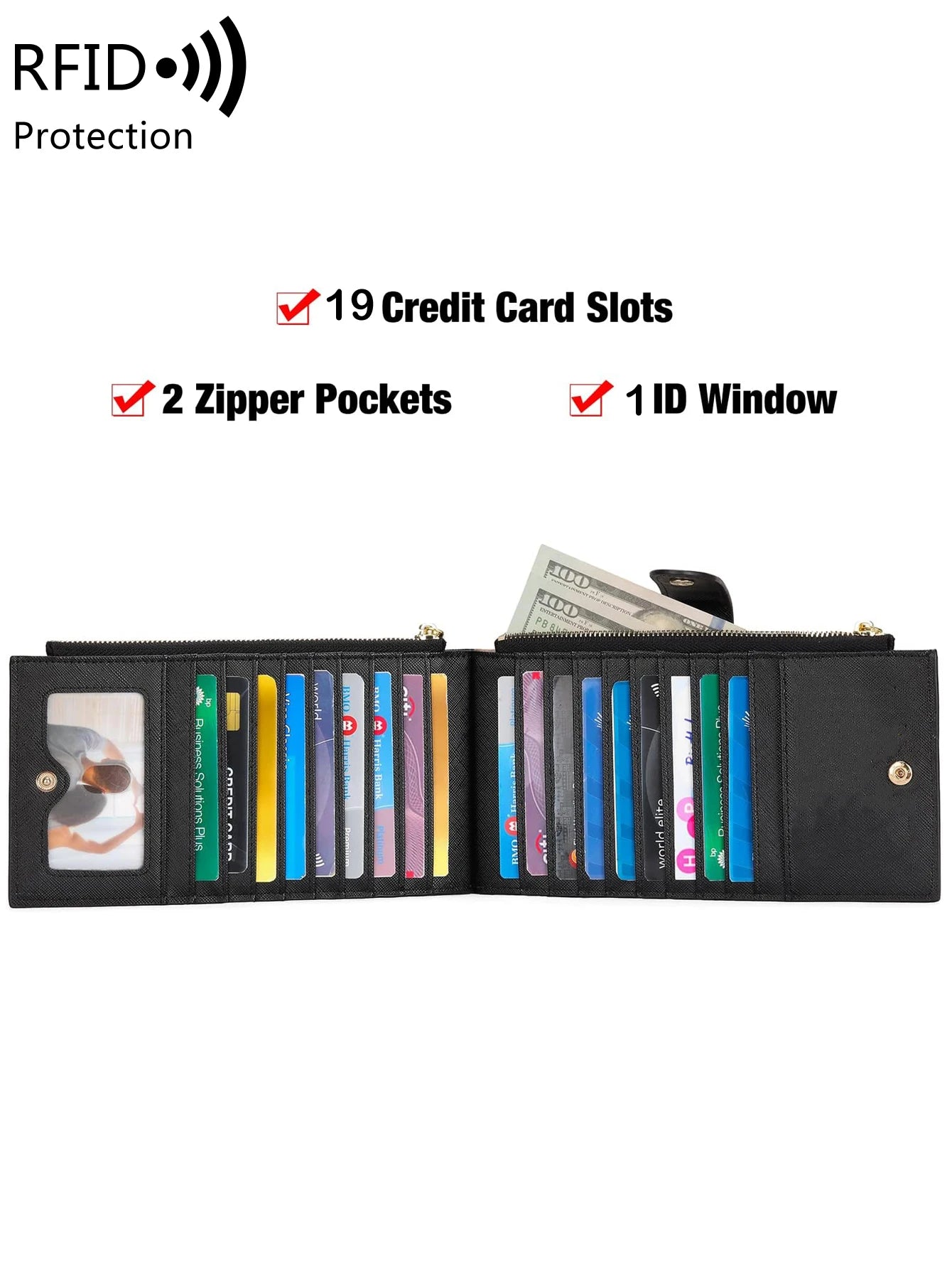RFID Women's Long Wallet – Double Zipper Bifold Multi-Card Holder