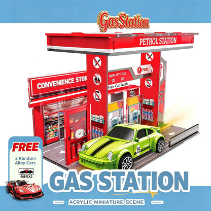 1:64 Gas Station Diorama Set with 2 Alloy Die-Cast Cars