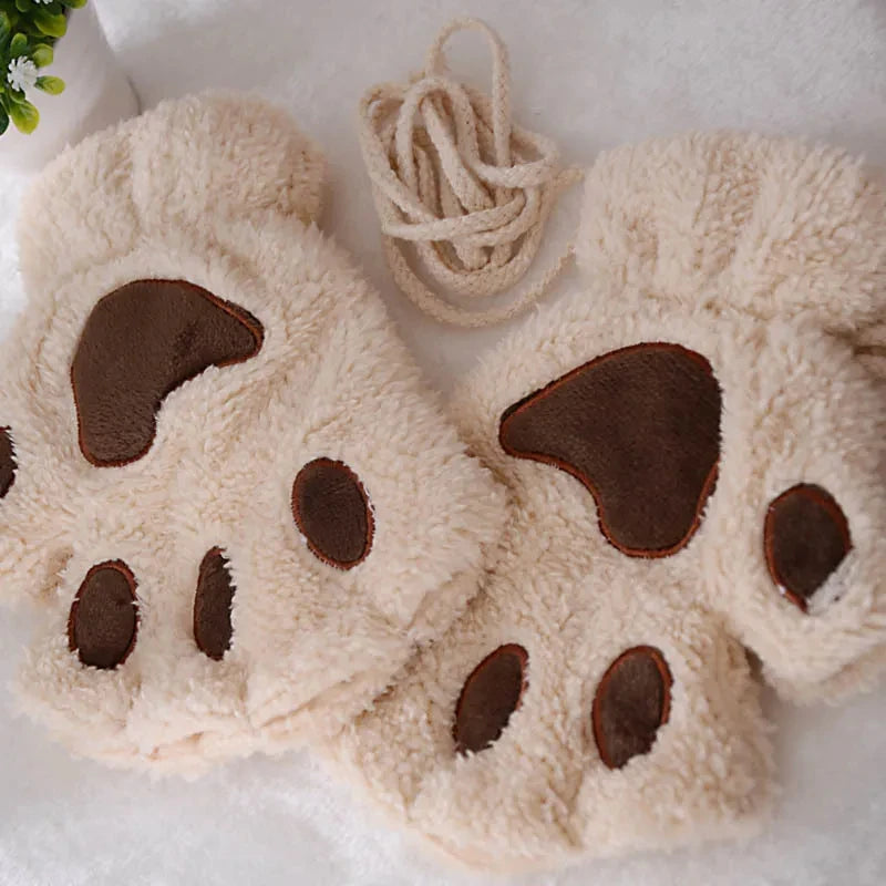 Winter Gloves Women Bear Plush Cat Paw Claw Cute Kitten Fingerless Mittens Christmas Halloween Girls