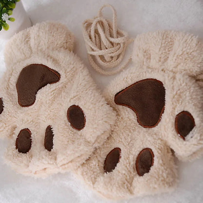Winter Gloves Women Bear Plush Cat Paw Claw Cute Kitten Fingerless Mittens Christmas Halloween Girls