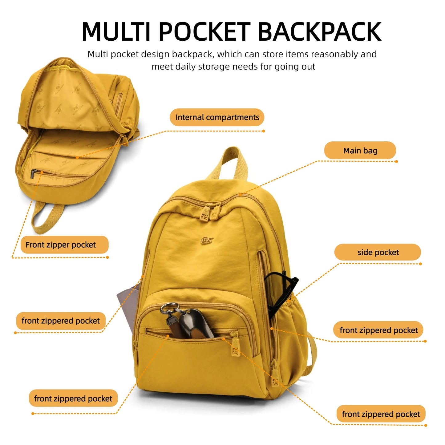 Nylon Backpack for Women – Lightweight Multi-Pocket Daypack