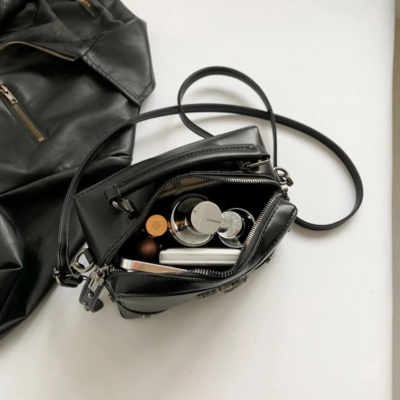 Gothic Punk PU Leather Crossbody Box Bag with Cross & Chain Detail