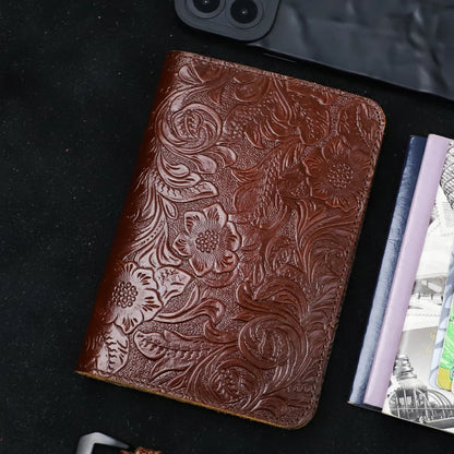 Leather Passport Wallet – Floral Embossed Genuine Cow Leather Travel Cover