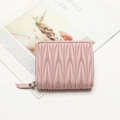 Genuine Lambskin Leather Short Wallet for Women – Quilted Zip Purse