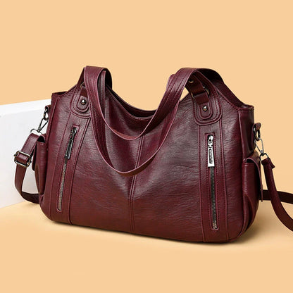 Women's PU Leather Shoulder Bag with Dual Zipper Pockets