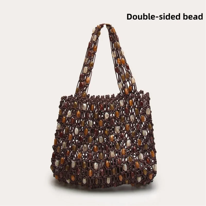 Bohemian Woven Handbag — Beaded Tote with Wooden Handle