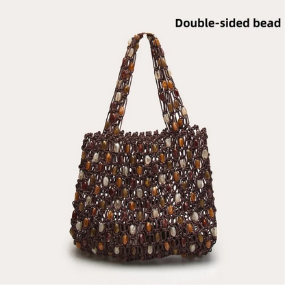Bohemian Woven Handbag — Beaded Tote with Wooden Handle