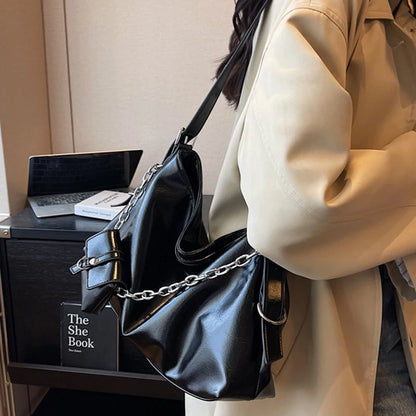 Large Shoulder Bag with Chain Strap – Women's PU Leather Hobo Tote