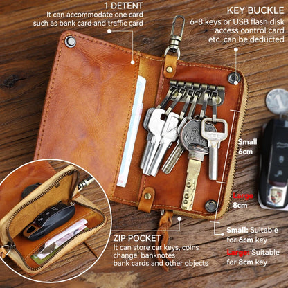 Genuine Leather Key Wallet for Men – Handmade Zipper Key Organizer with Card Slot