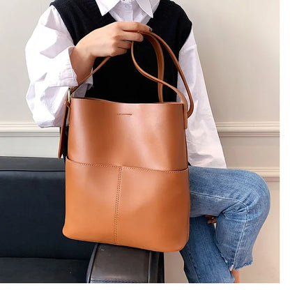 Leather Bucket Shoulder Bag – Women's Casual Tote Handbag