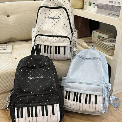 Cute Piano Key Print Backpack Women Polka Dot Music Theme School Bag Stylish Star Charm Student