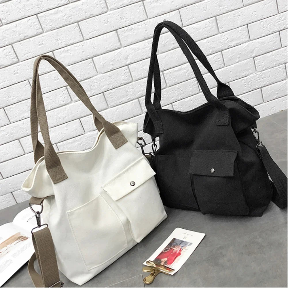 Canvas Bags Students Handbag Shoulder Bag Large Capacity Solid Color Totes Shopper Casual Female