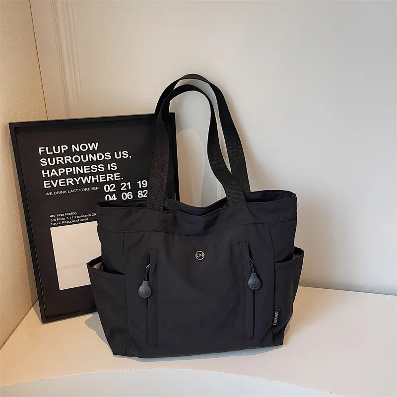 Large Canvas Tote Bag – Korean Style Multi-Pocket Shoulder Bag
