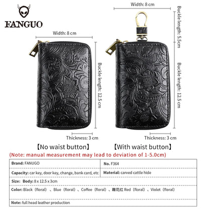 Genuine Leather Key Wallet – Floral Embossed Zipper Pouch with Card & Coin Slots
