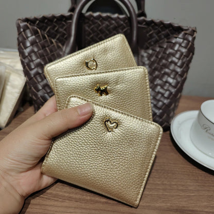 Gold Genuine Leather Women's Short Wallet with Animal Button Clasp