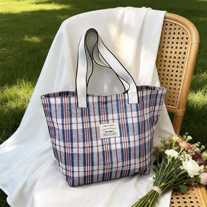 Color Block Plaid Weave Tote Bag Large Capacity Durable Shoulder Multifunctional Woven Mom