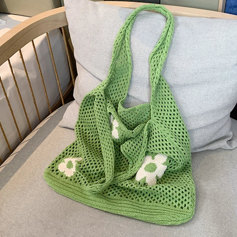 Flower Knit Hollow Tote Bag – Large Capacity Crochet Shoulder Bag for Women