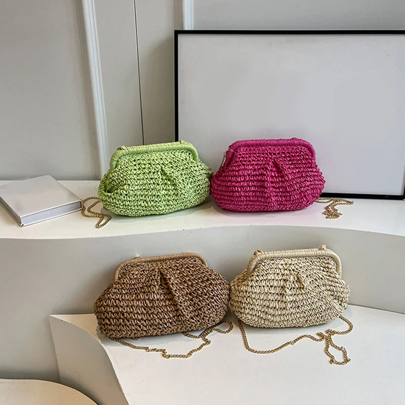 Straw Woven Cloud Bag – Gold Chain Shoulder Purse for Women