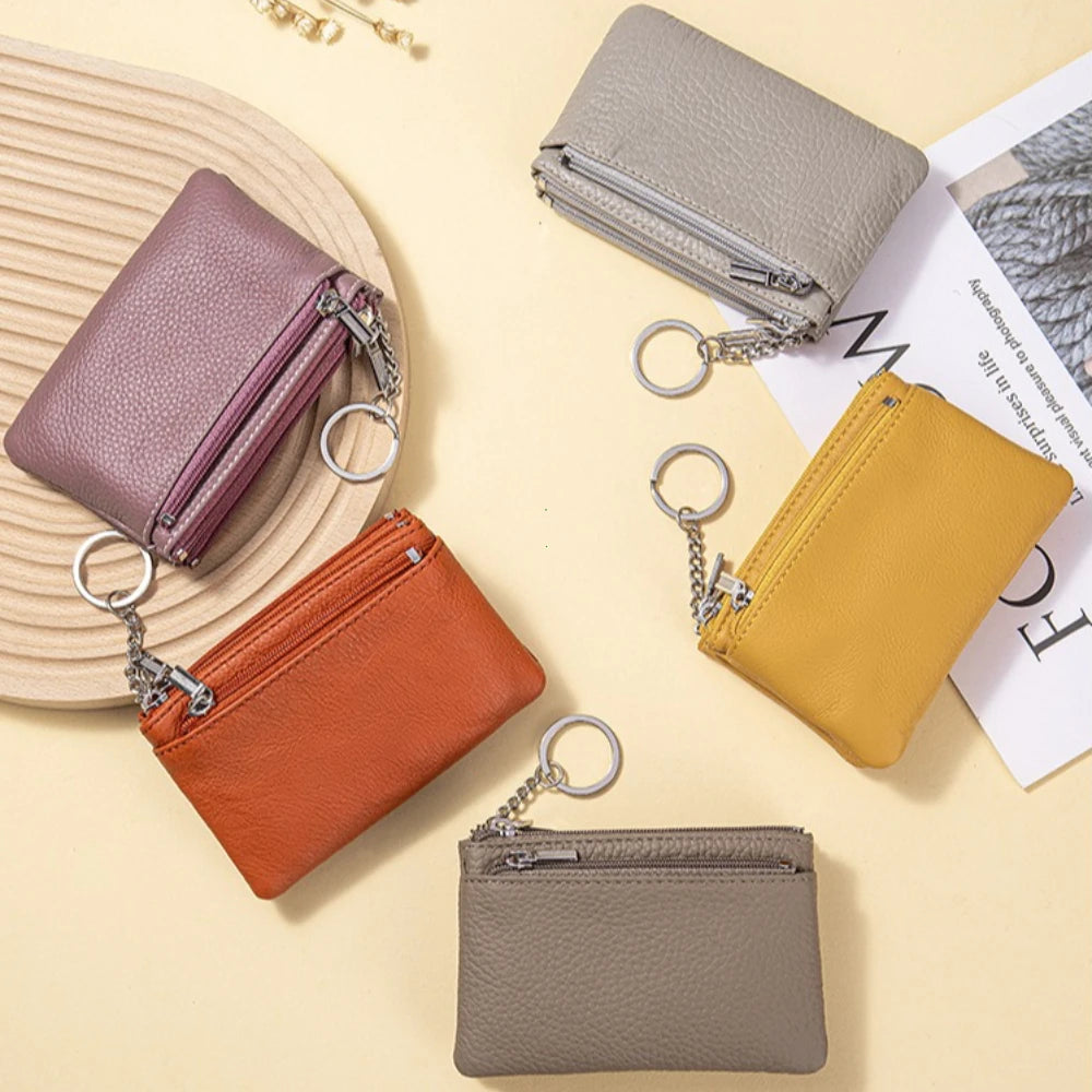 Genuine Leather Coin Purse for Women – Mini Zipper Wallet with Key Ring