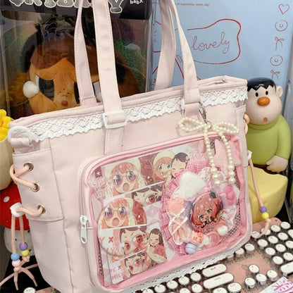 Anime Ribbon Shoulder Bag Large Capacity Cute Soft Girl Tote Handle Comfortable Versatile Texture