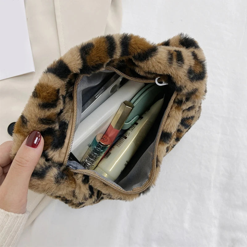 Fluffy Leopard Print Plush Bag – Women's Mini Shoulder Underarm Tote