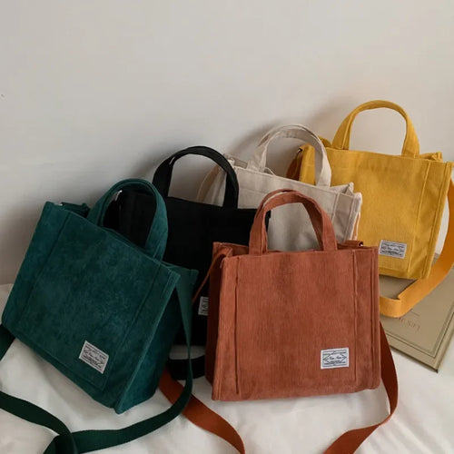 Women Corduroy Zipper Shoulder Bag Small Cotton Canvas Handbag Casual Tote Female Eco Crossbody
