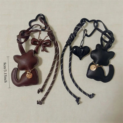 PU Leather Cat Bag Charm with Bow & Rope Tassel Pendant