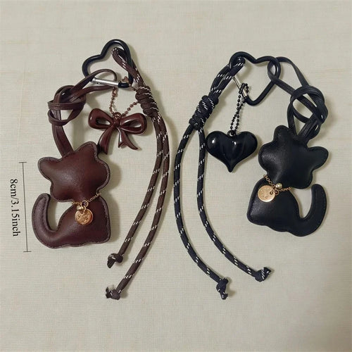 PU Leather Cat Bag Charm with Bow & Rope Tassel Pendant