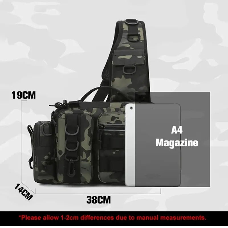 Fishing Tackle Sling Bag with Rod Holder – MOLLE Shoulder Pack