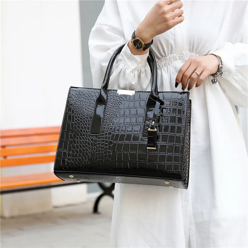 Crocodile Pattern Patent Leather Women's Handbag