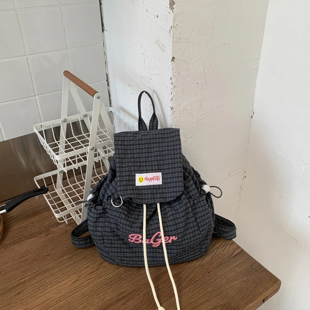 Mini Drawstring Backpack – Plaid Embroidery Casual Daypack