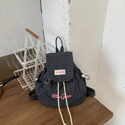 Mini Drawstring Backpack – Plaid Embroidery Casual Daypack