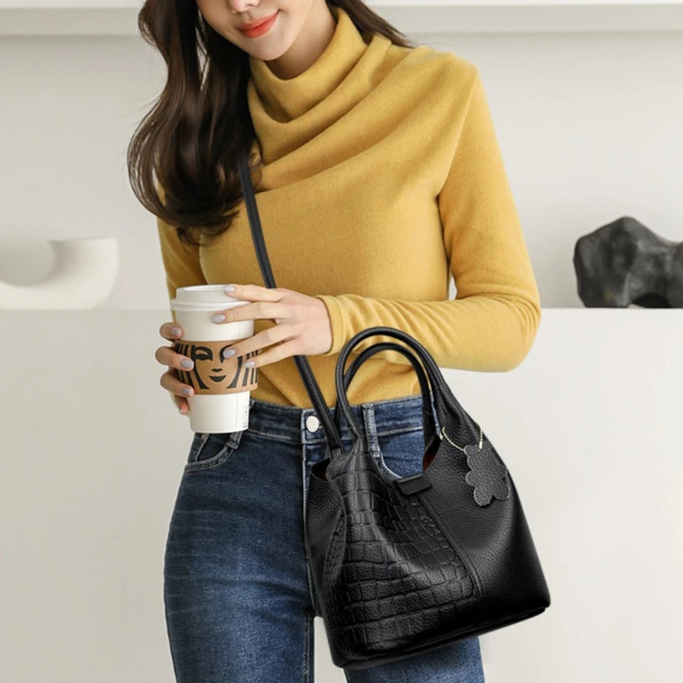 Crocodile-Embossed PU Leather Bucket Bag – Women's Hobo Tote & Crossbody