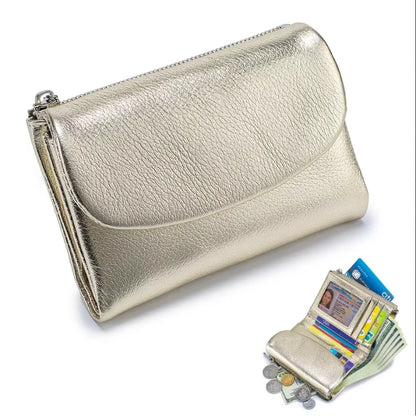 Women's Genuine Cowhide Leather Trifold Wallet with Zipper Coin Pocket