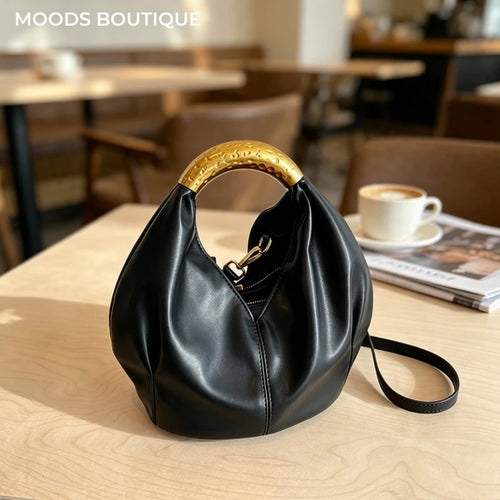 Moods Retro Gold Ring Handle Women Hobo Bag Soft Vegan Leather Shoulder Crossbody Purse Elegant
