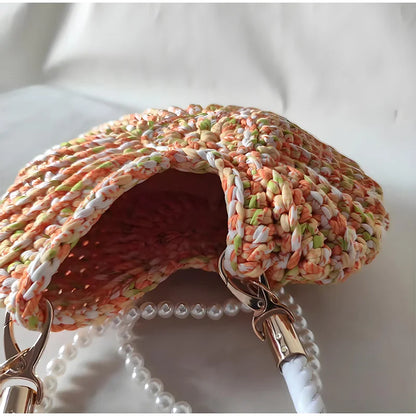 Crochet Conch Shoulder Bag with Pearl Chain – Handmade Woven Bag