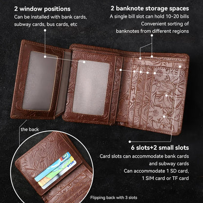 Genuine Leather RFID Blocking Wallet – Floral Embossed Bifold with Card Windows