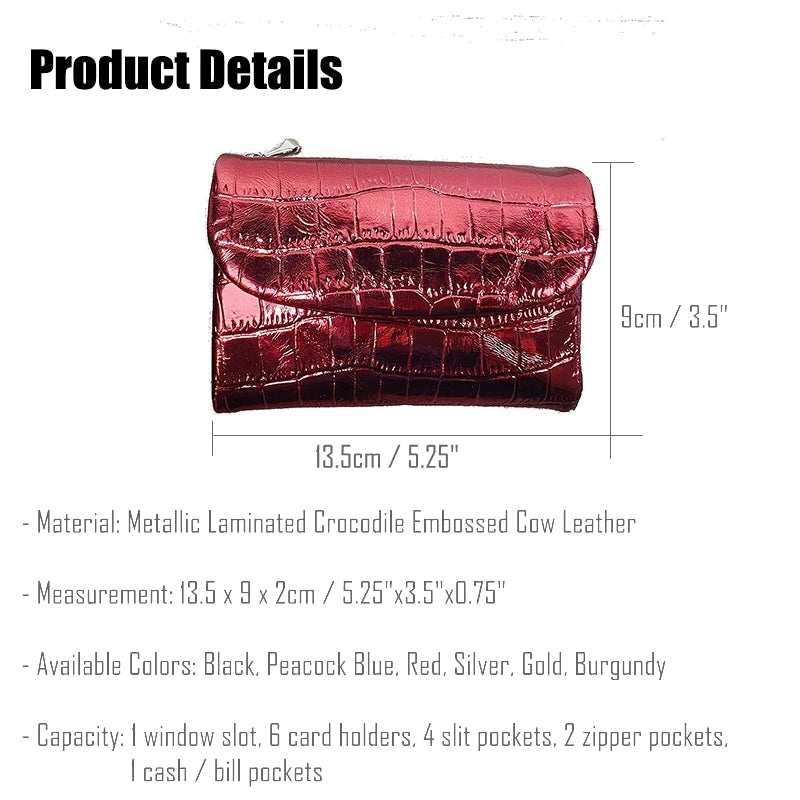 Metallic Crocodile Pattern Short Wallet – Women's Leather Purse