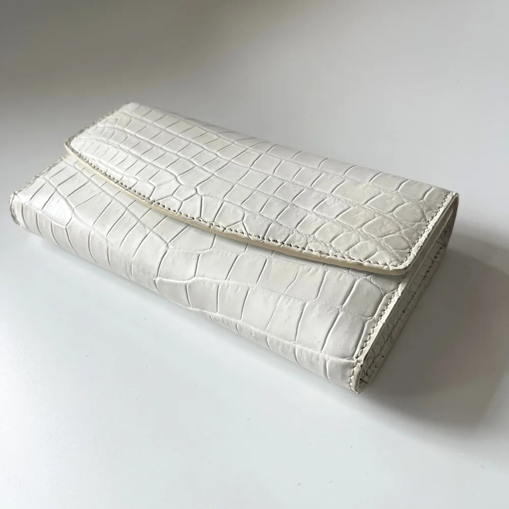 Crocodile Leather Women's Long Tri-Fold Wallet | White Luxury Clutch