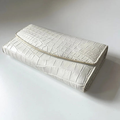 Crocodile Leather Women's Long Tri-Fold Wallet | White Luxury Clutch