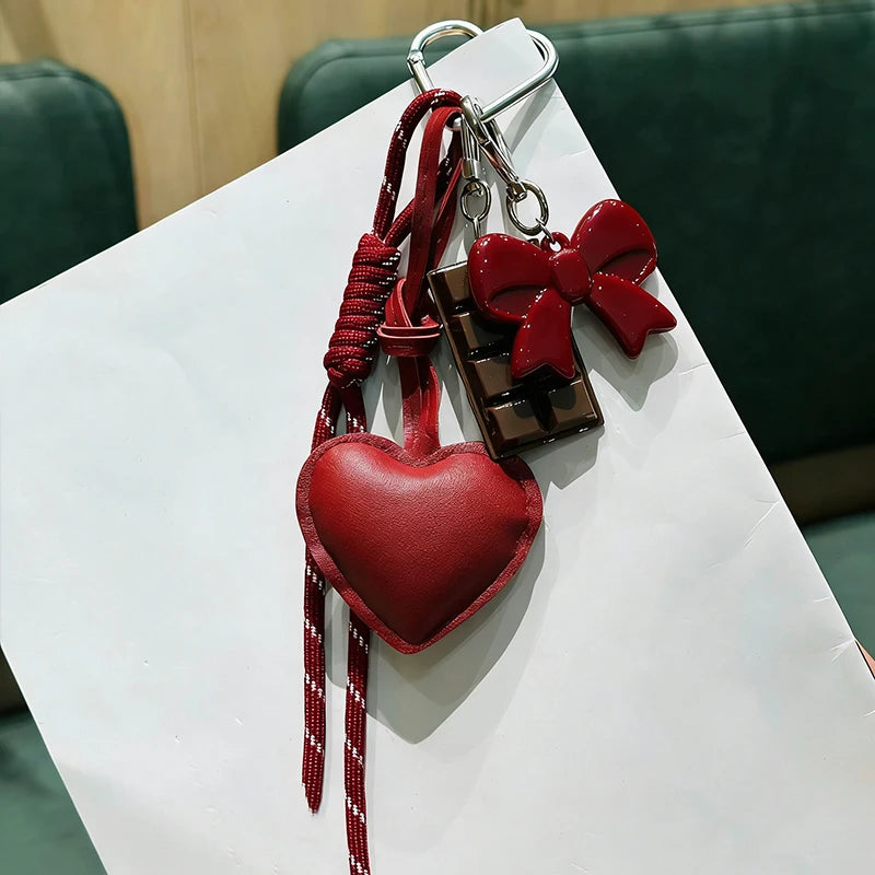 PU Leather Heart & Bow Keychain with Woven Rope Tassel