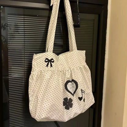 Korean Polka Dot Tote Bag – Cute Bow Shoulder Bag for Women
