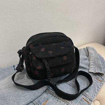 Corduroy Crossbody Bag – Cute Strawberry Print Women's Shoulder Bag