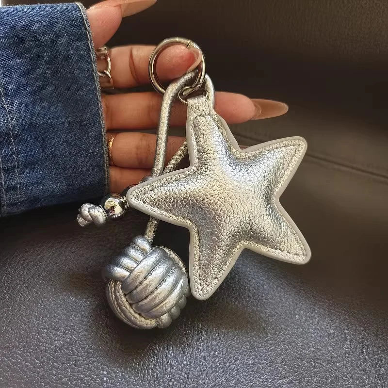 Star Leather Keychain Bag Charm with Woven Ball