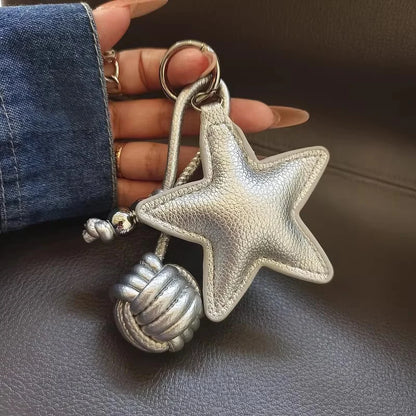 Star Leather Keychain Bag Charm with Woven Ball