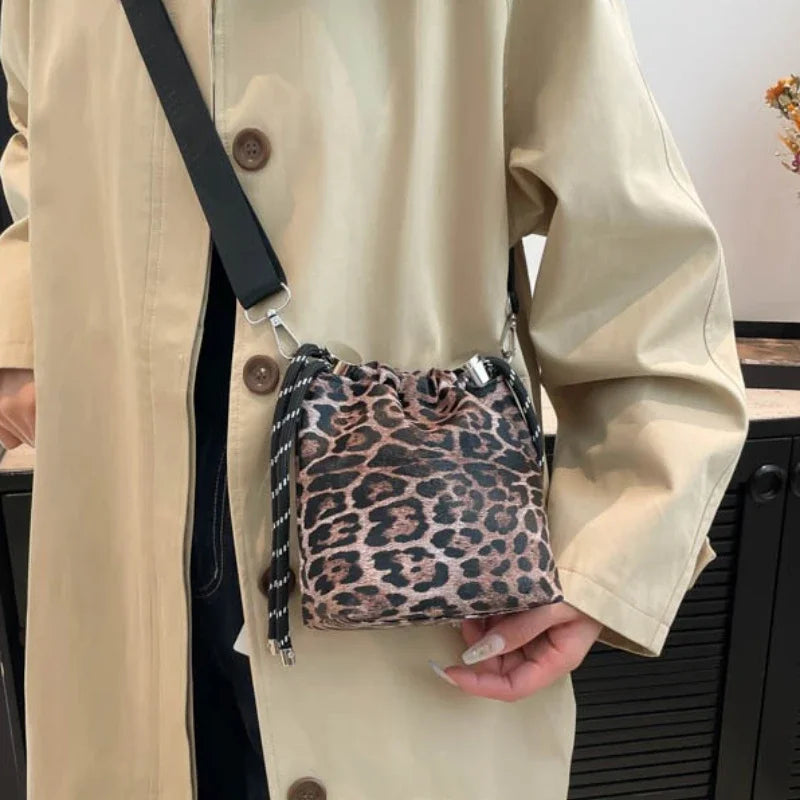Leopard Print Mini Crossbody Bucket Bag for Women